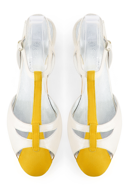 Yellow and off white women's open back T-strap shoes. Round toe. High block heels. Top view - Florence KOOIJMAN